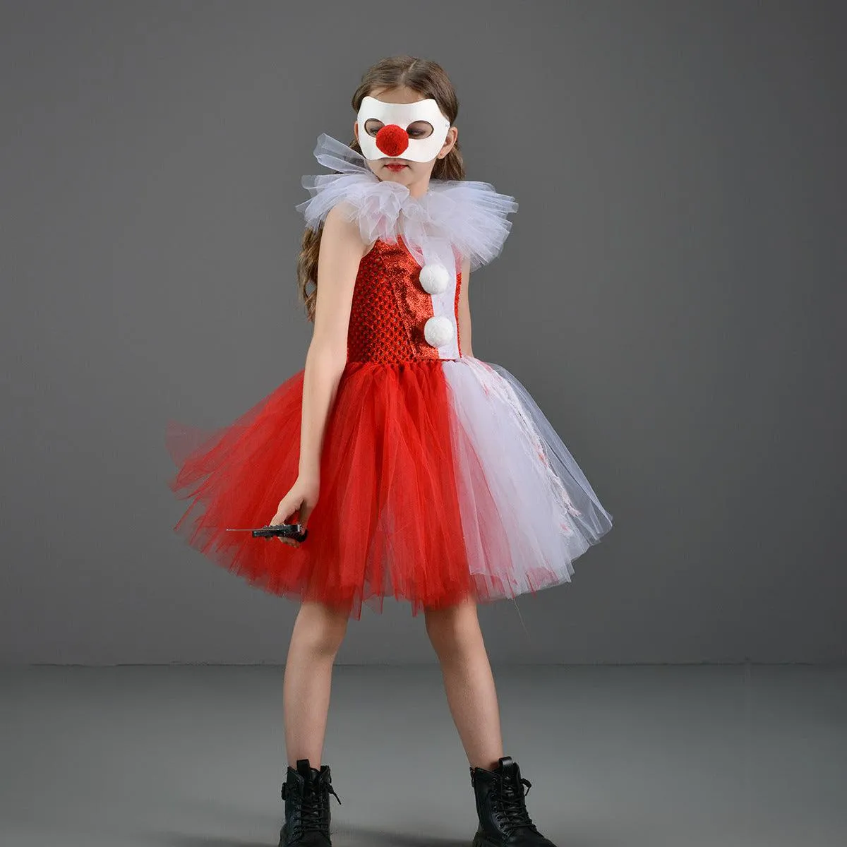 Halloween Party Children's Cosplay Movie Costume Horror Mask White and Red Splicing Mesh Puffy Girl Princess Dress 3-Piece Set