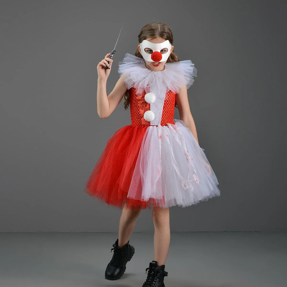 Halloween Party Children's Cosplay Movie Costume Horror Mask White and Red Splicing Mesh Puffy Girl Princess Dress 3-Piece Set