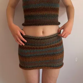 Handmade knitted mini skirt in brown and blue