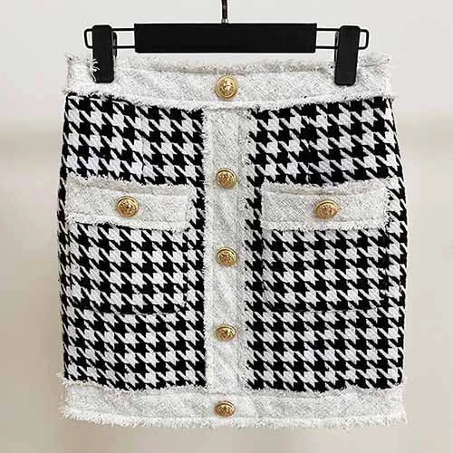 Hight Waisted Black and White Formal Skirt Gold-tone Mini Skirt for Ladies