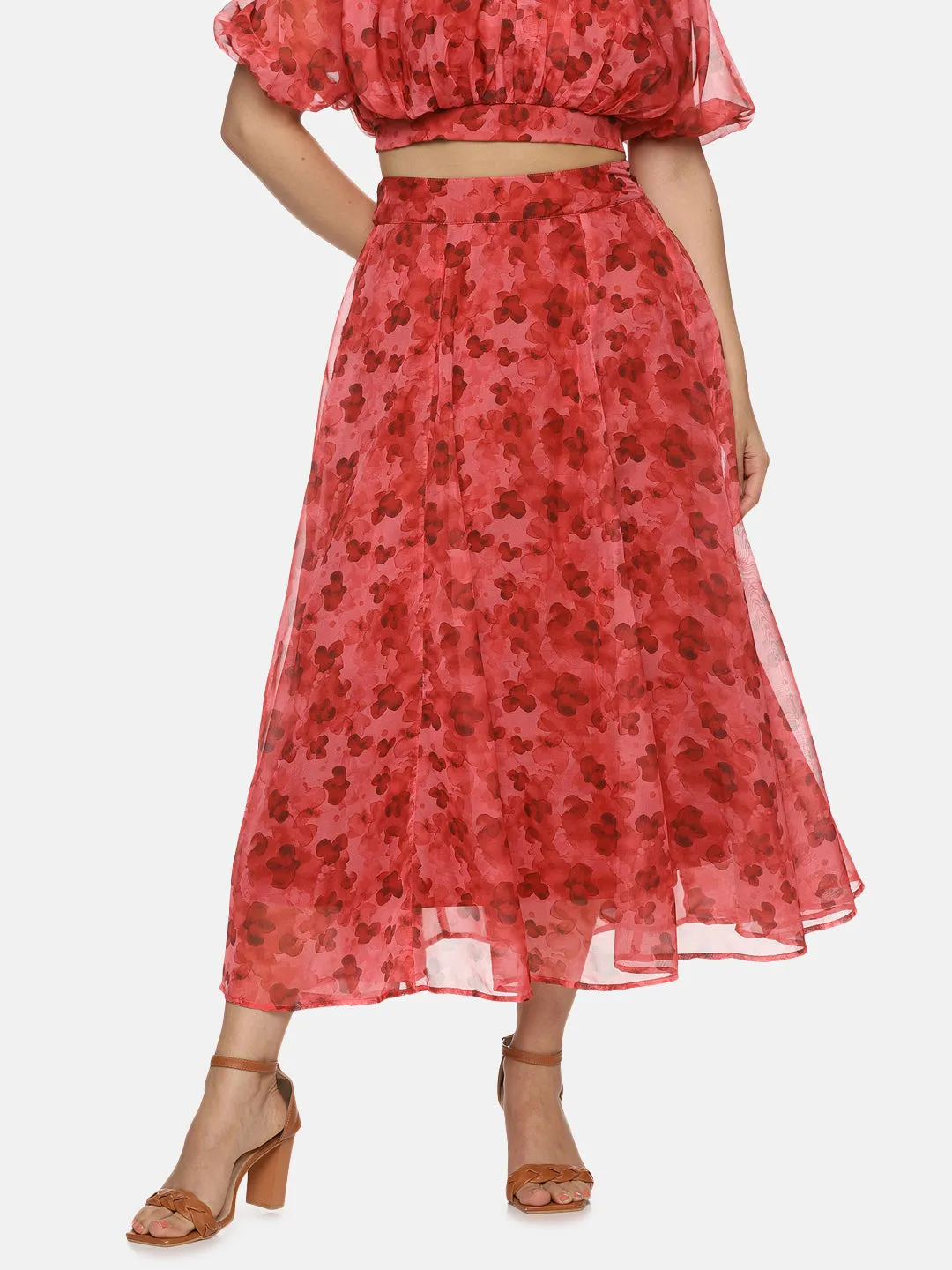 IS.U Floral Red Flared Midaxi Skirt