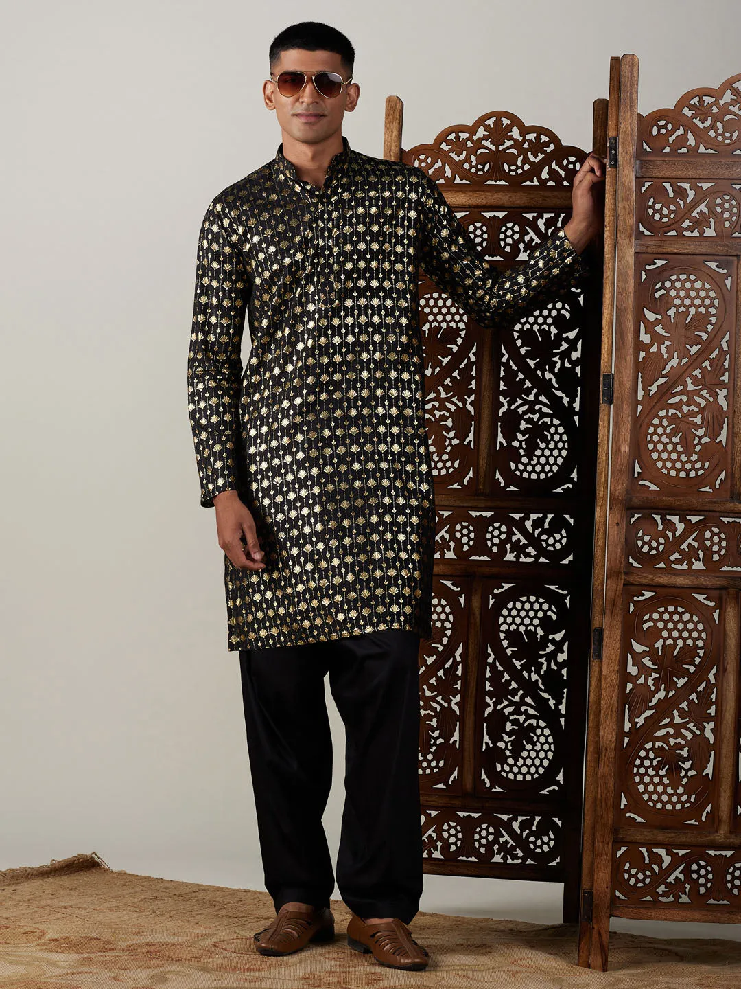 Jashvi Men's Black Foil Printed Kurta With Patiala Set