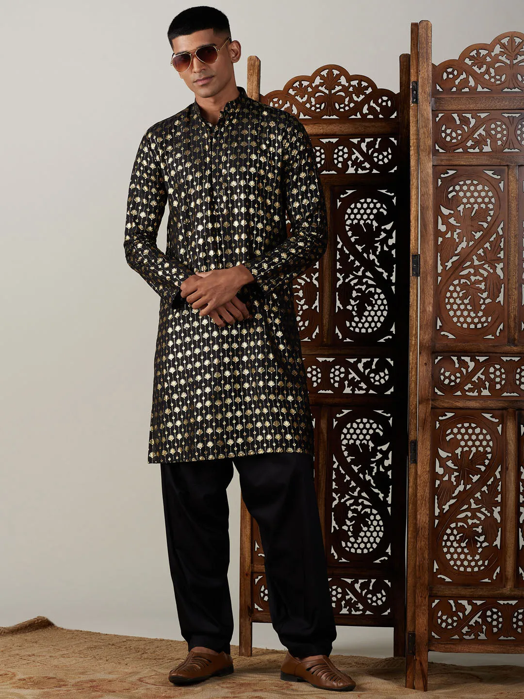 Jashvi Men's Black Foil Printed Kurta With Patiala Set