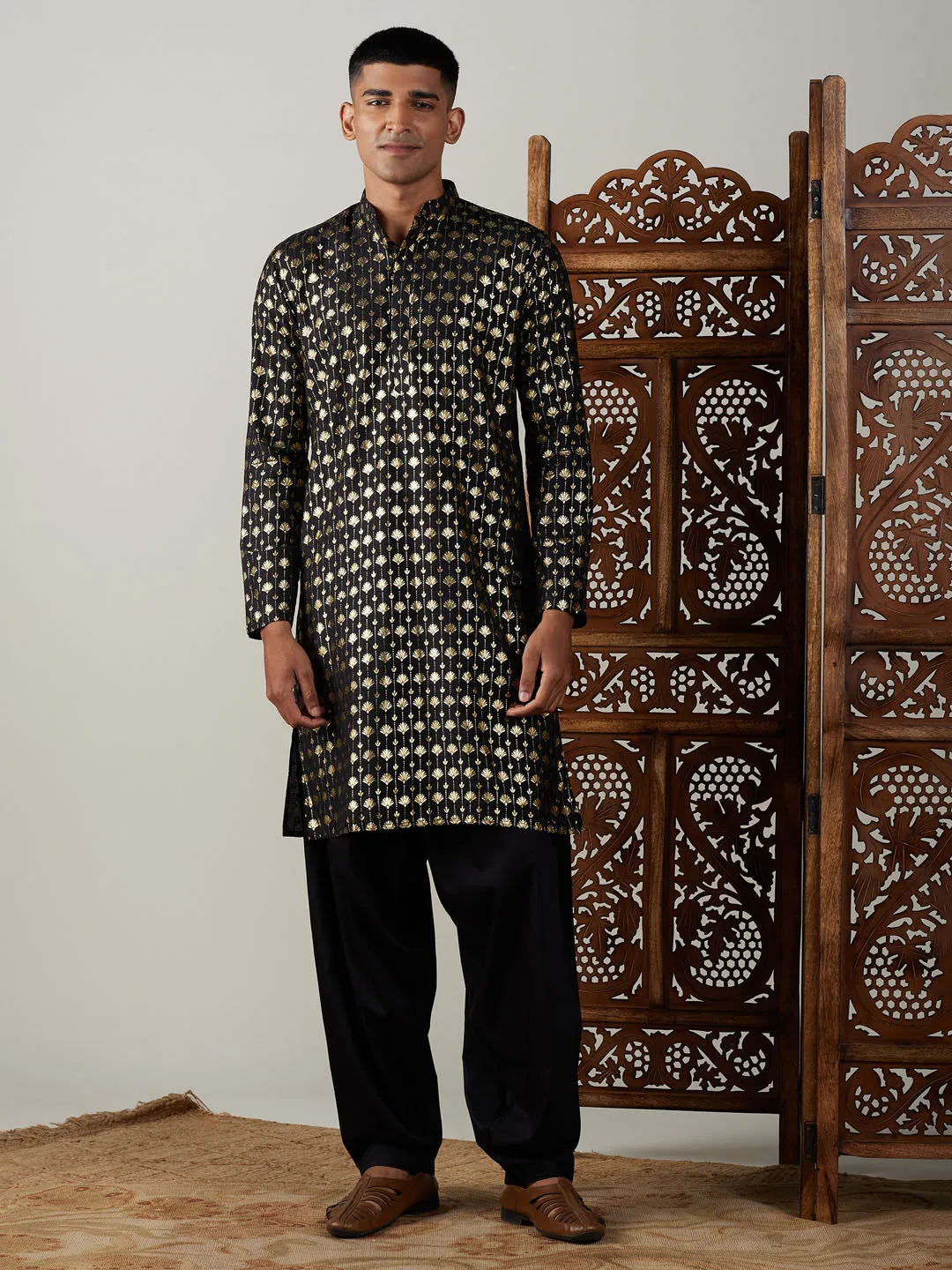 Jashvi Men's Black Foil Printed Kurta With Patiala Set