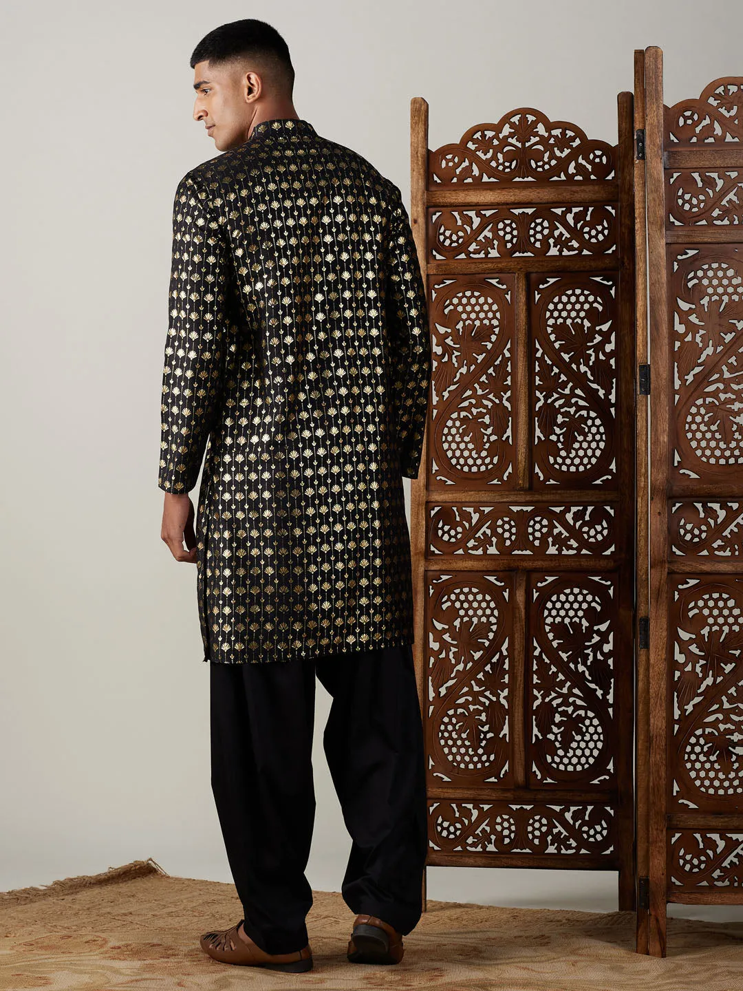 Jashvi Men's Black Foil Printed Kurta With Patiala Set