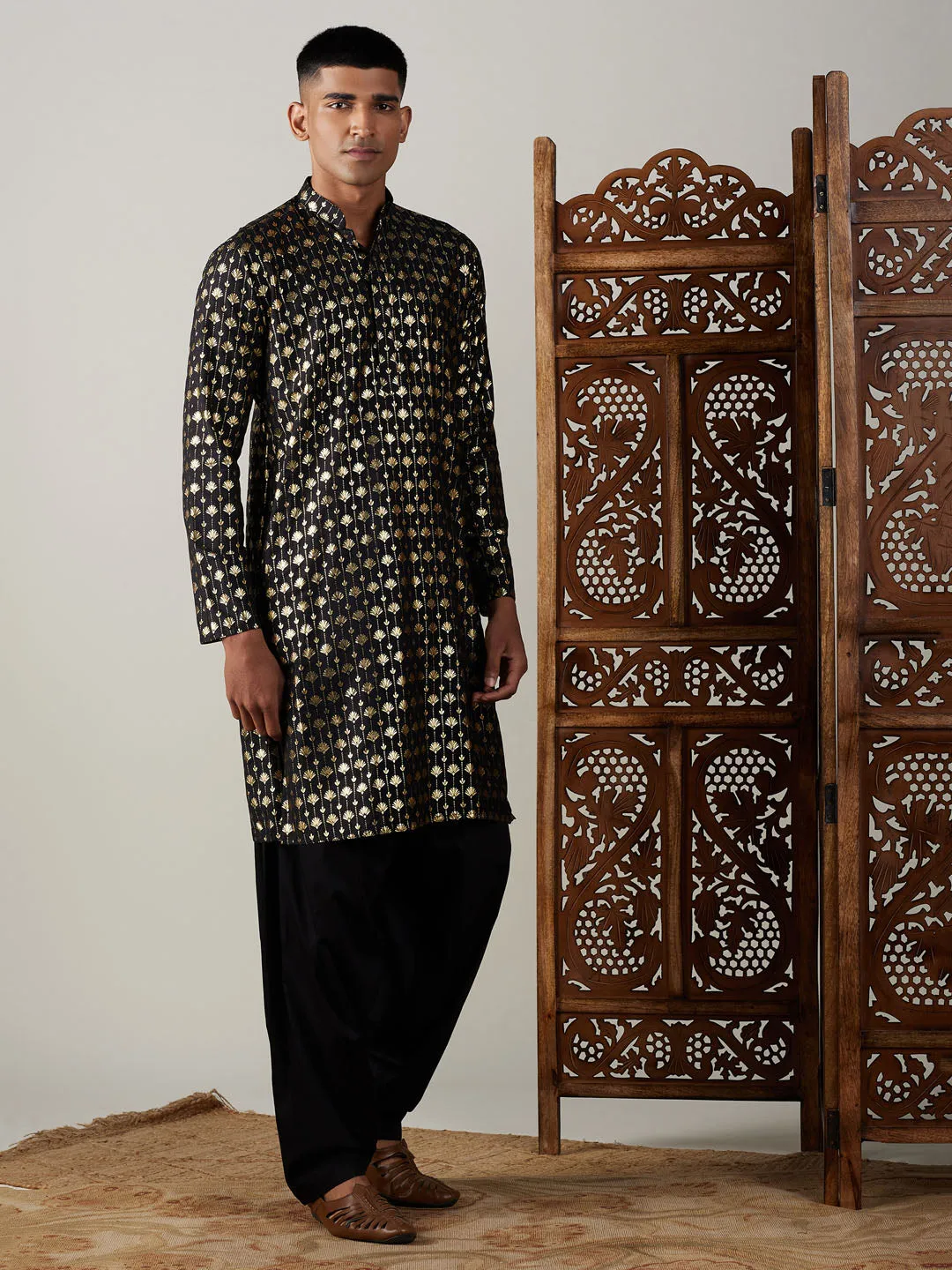 Jashvi Men's Black Foil Printed Kurta With Patiala Set