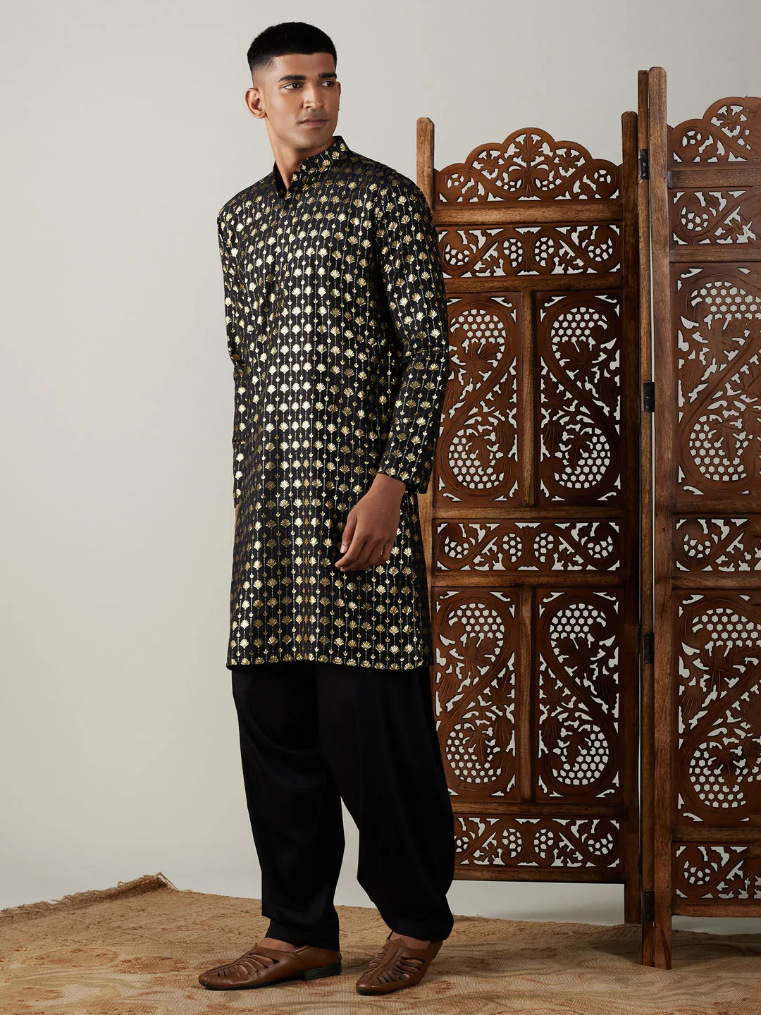 Jashvi Men's Black Foil Printed Kurta With Patiala Set