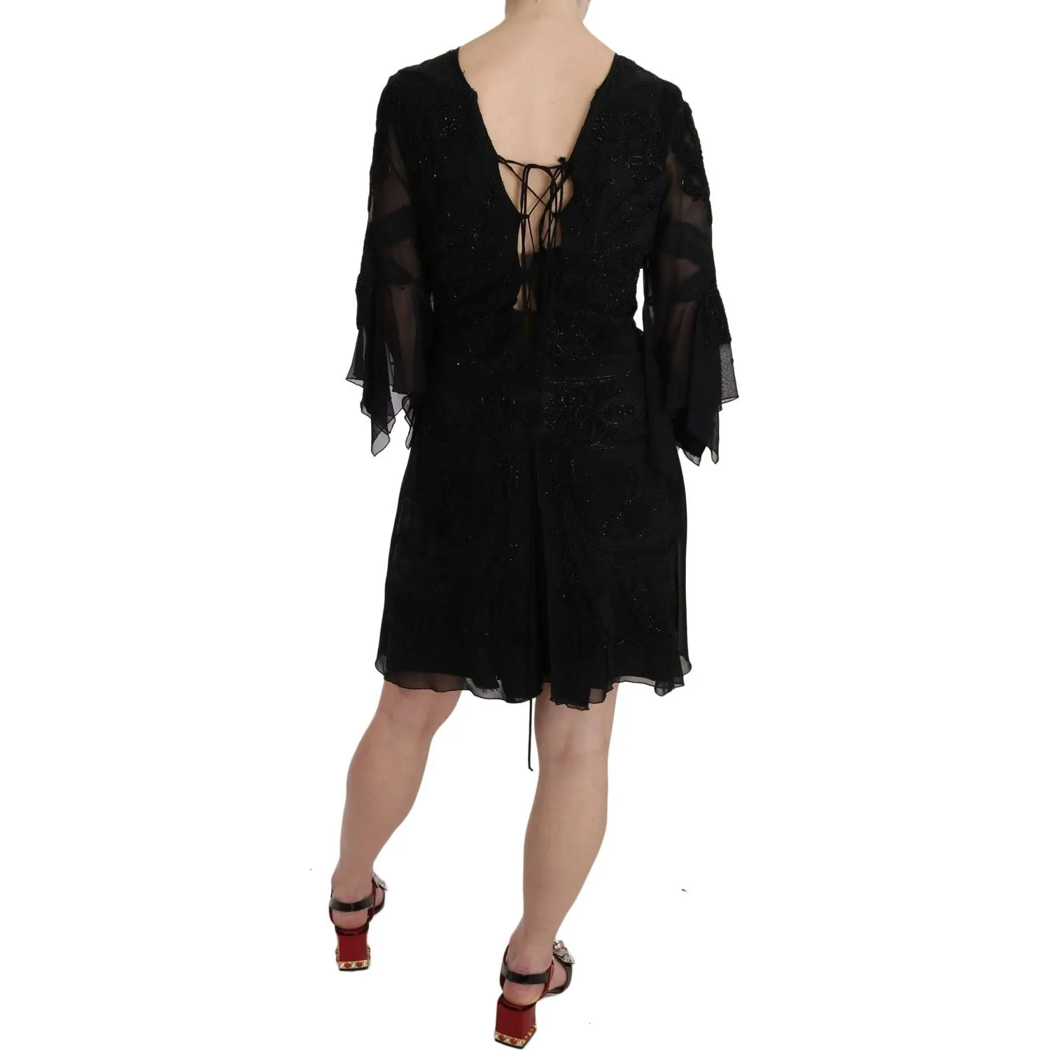 John Richmond Elegant Black Sequined Silk Mini Dress