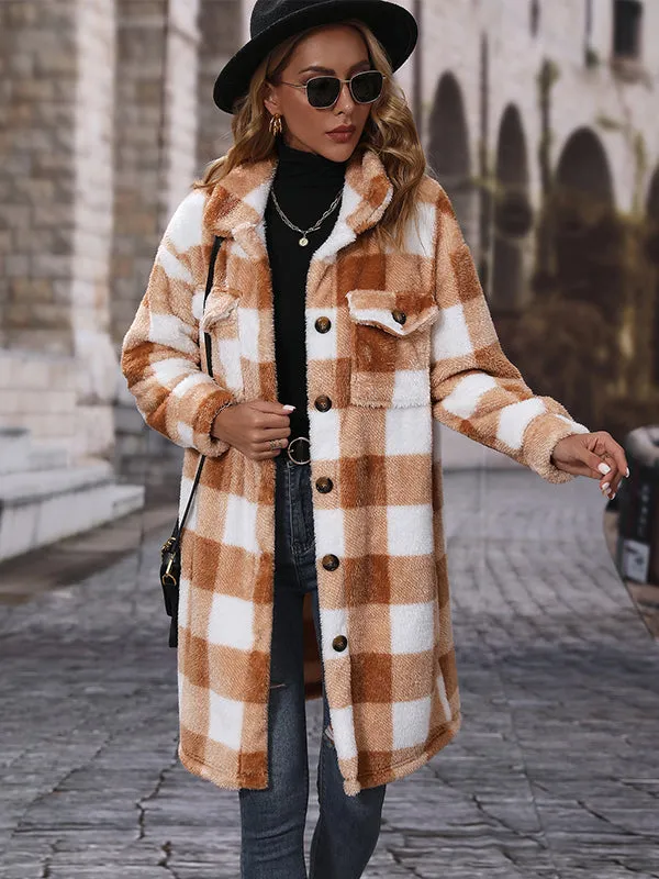 Lapel Long Double-Faced Plush Single-Breasted Loose Plaid Coat