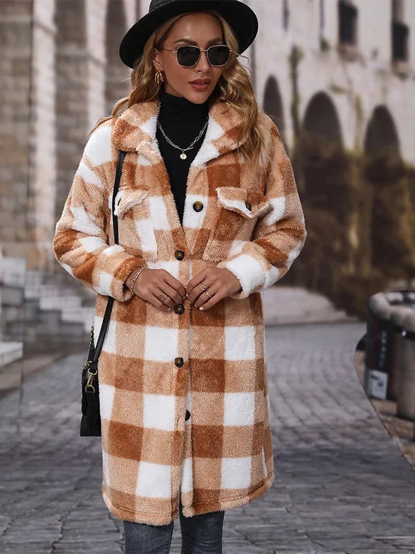 Lapel Long Double-Faced Plush Single-Breasted Loose Plaid Coat