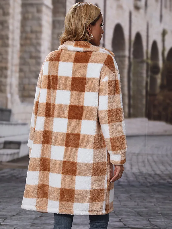 Lapel Long Double-Faced Plush Single-Breasted Loose Plaid Coat