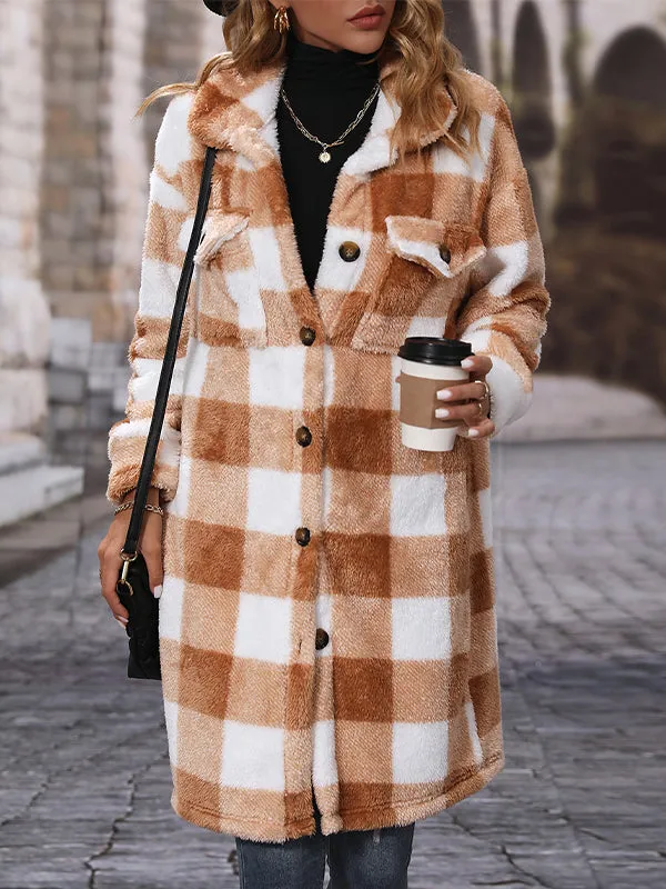 Lapel Long Double-Faced Plush Single-Breasted Loose Plaid Coat