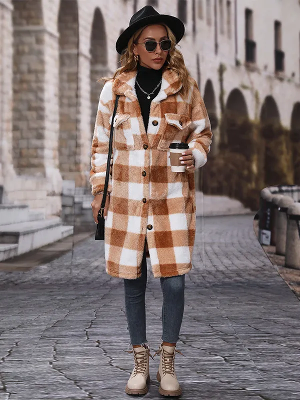 Lapel Long Double-Faced Plush Single-Breasted Loose Plaid Coat