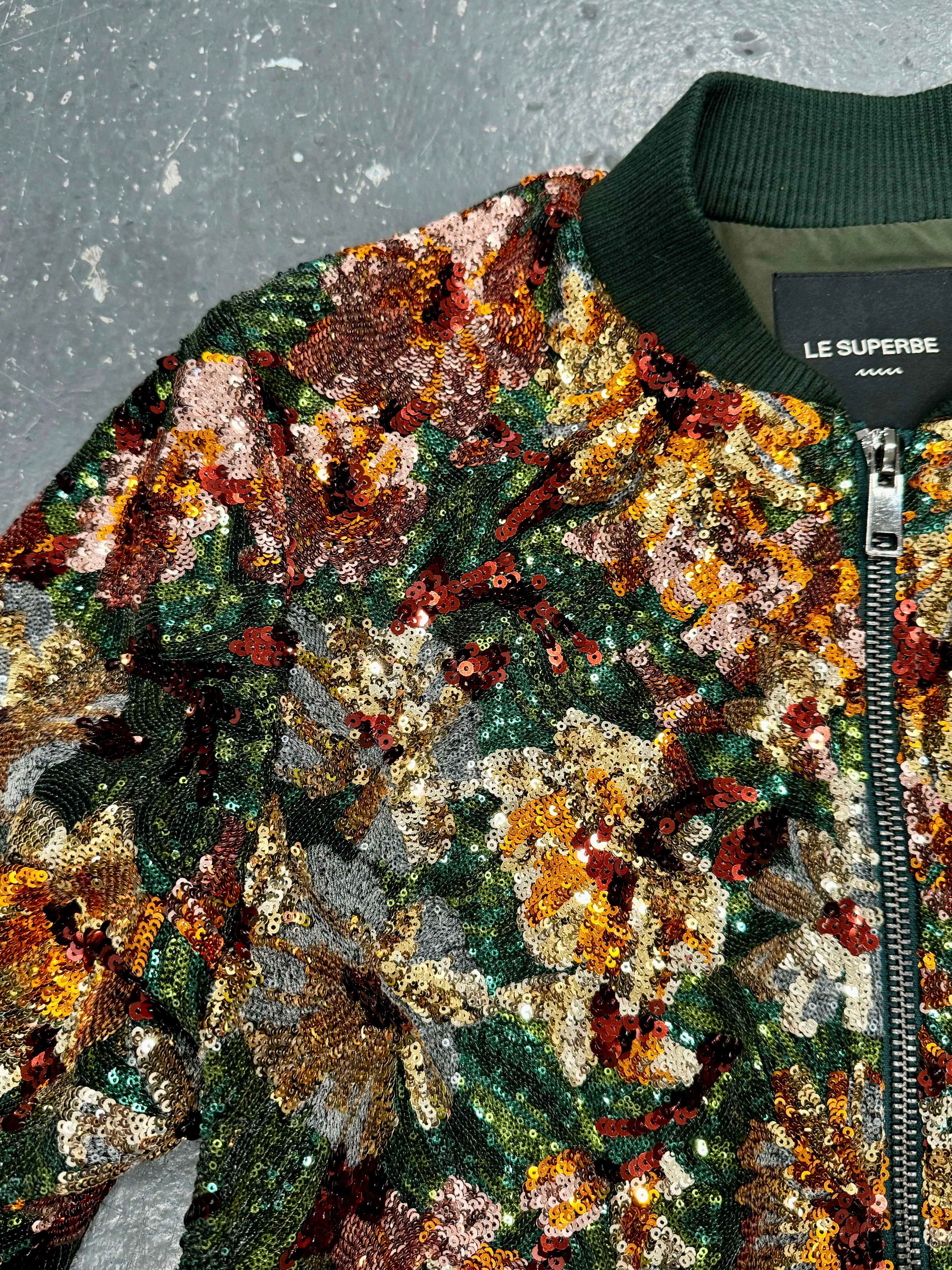 Le Superbe Fall Floral Sequin Bomber