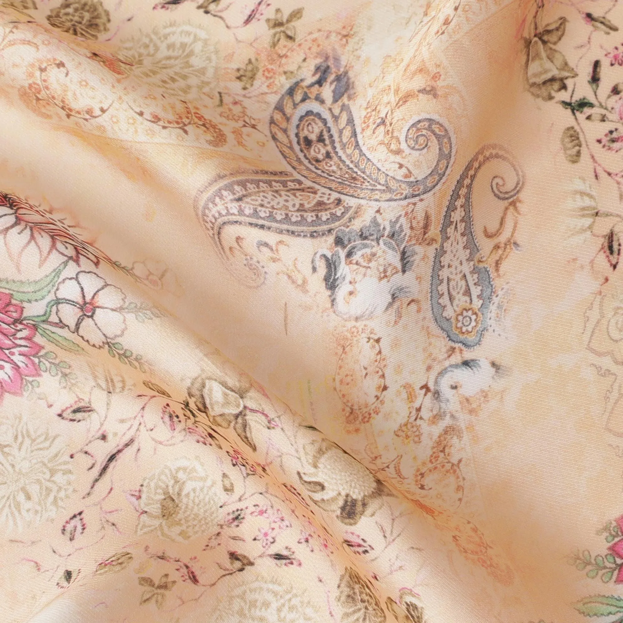 Light Peach synthetic organza fabric with multicolor print in floral design-D16744