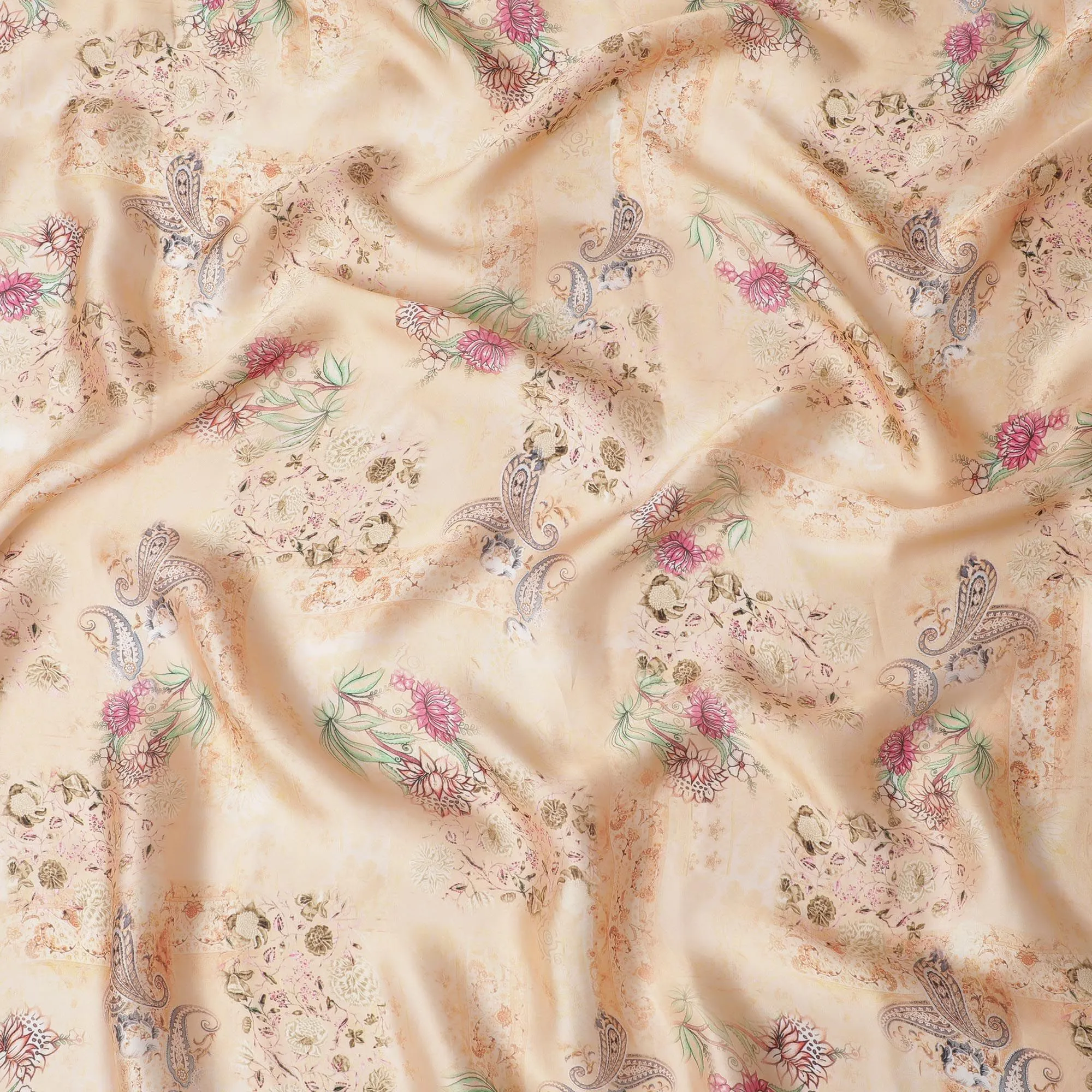 Light Peach synthetic organza fabric with multicolor print in floral design-D16744