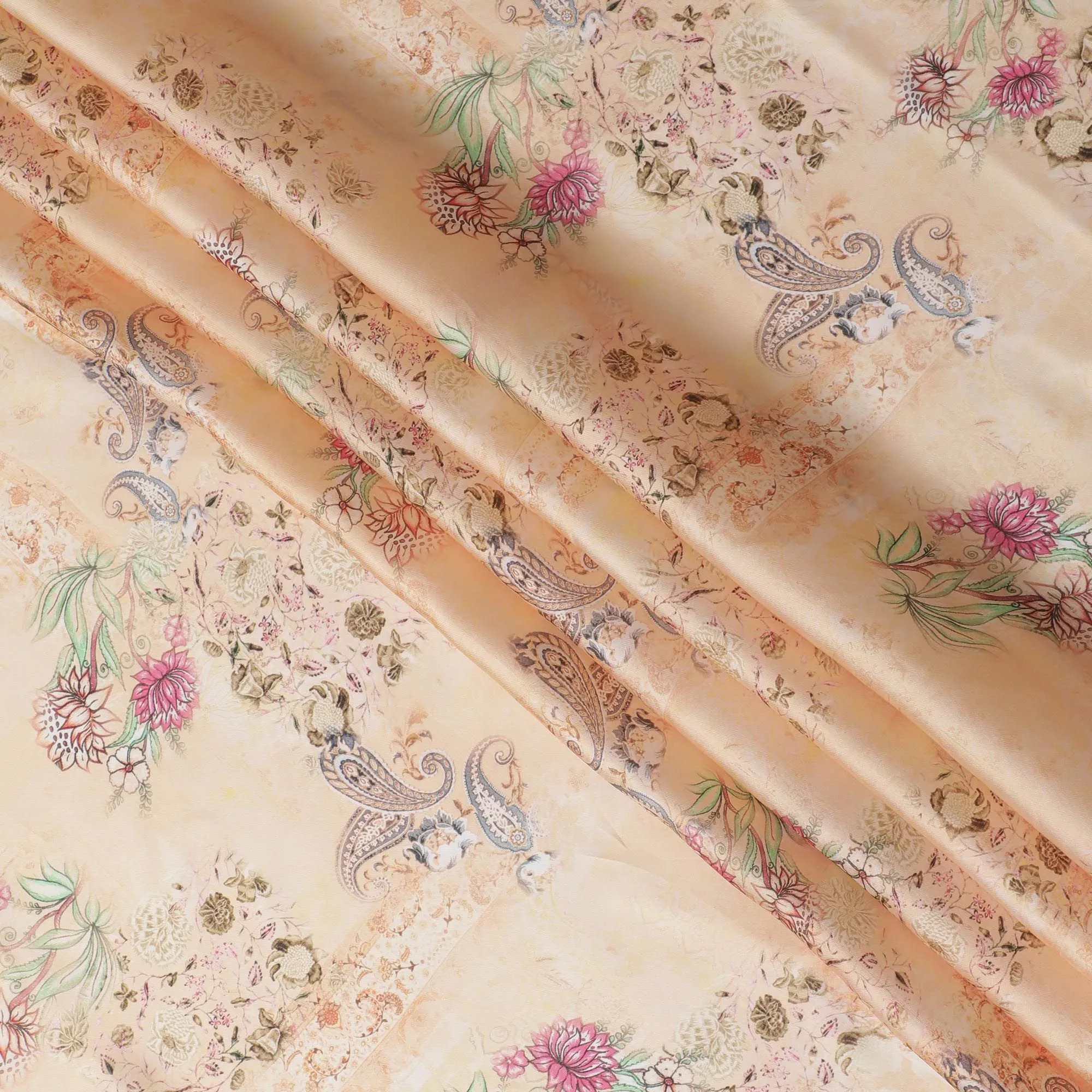 Light Peach synthetic organza fabric with multicolor print in floral design-D16744