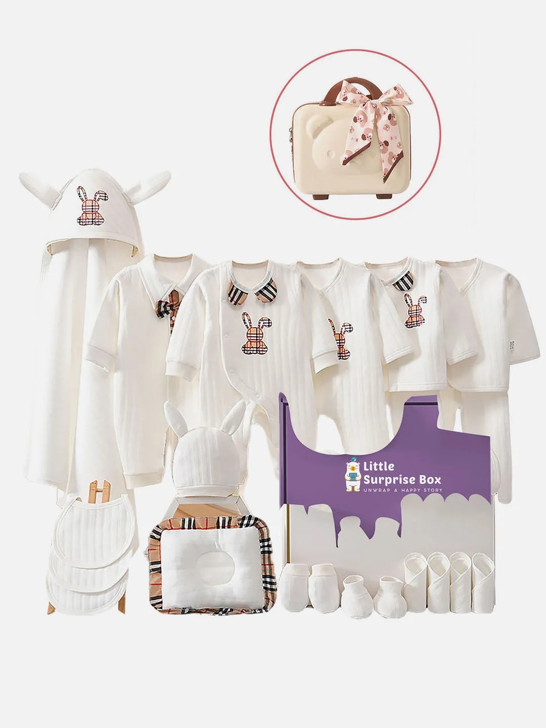 Little Surprise Box 26 Pcs White Checkered Bunny Newborn Baby Girl/Boy Gift Hamper Box