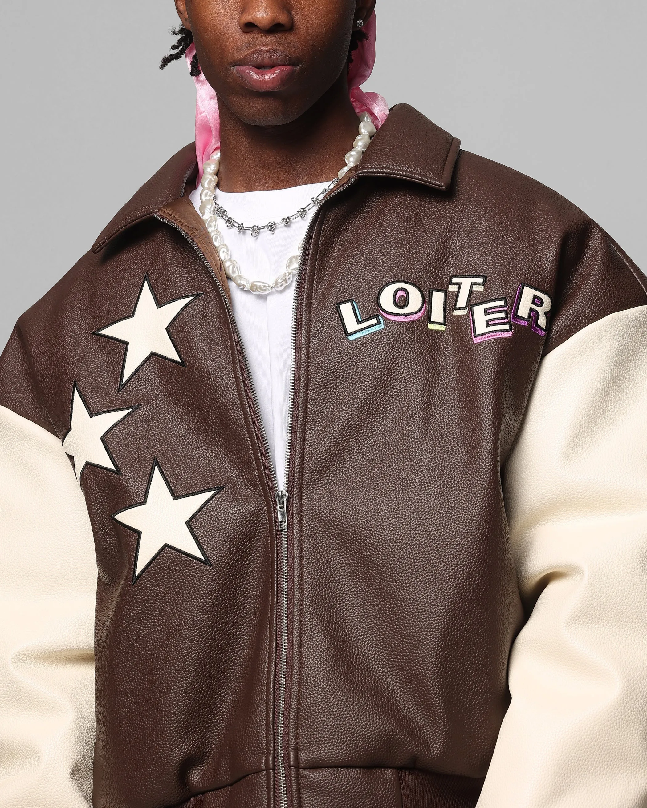 Loiter Solar PU Leather Varsity Jacket Brown/Beige