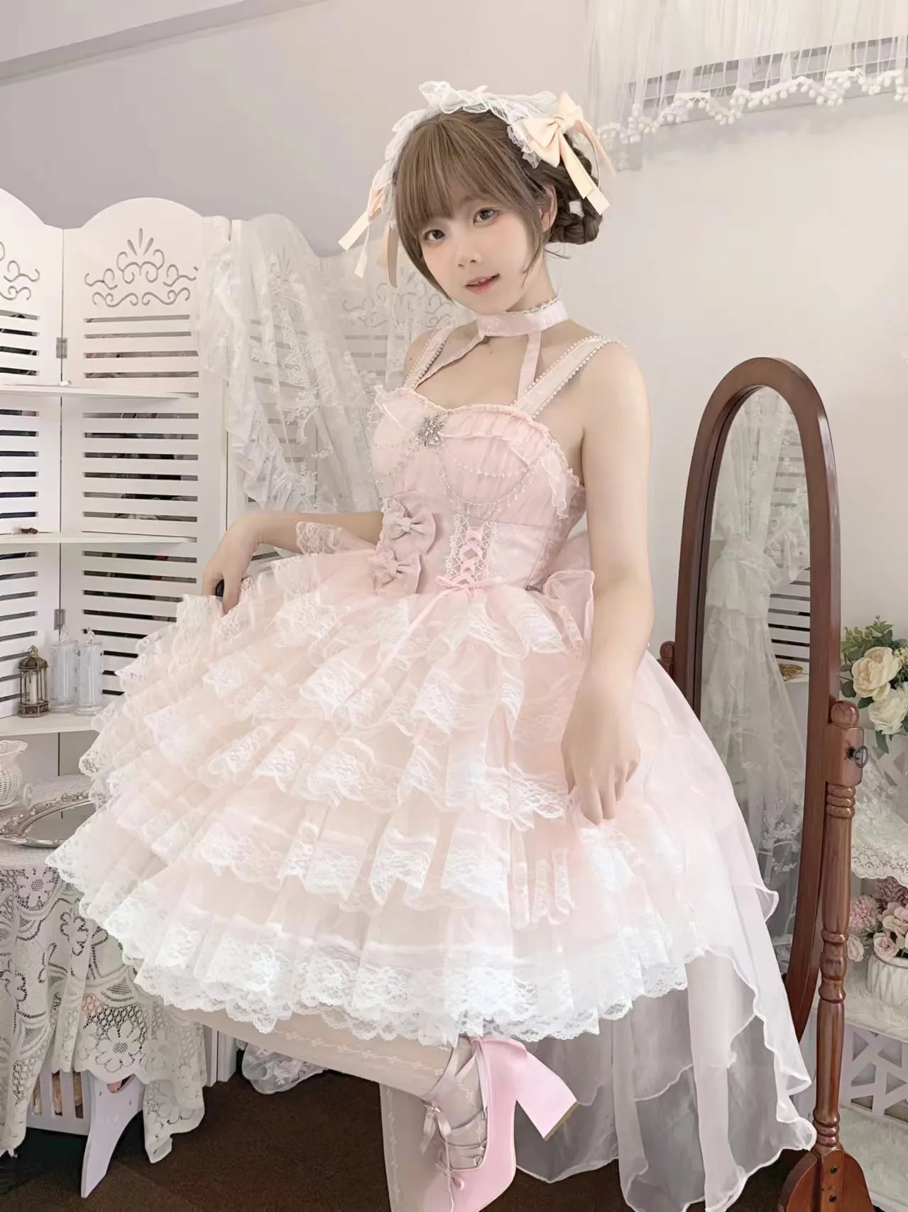 Lolita White Pink Layered Cake Skirt Cute And Sweet