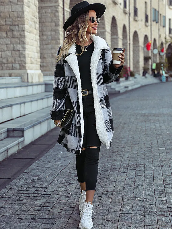 Long Sleeve Lapel Plaid Cardigan Double Face Casual Coat