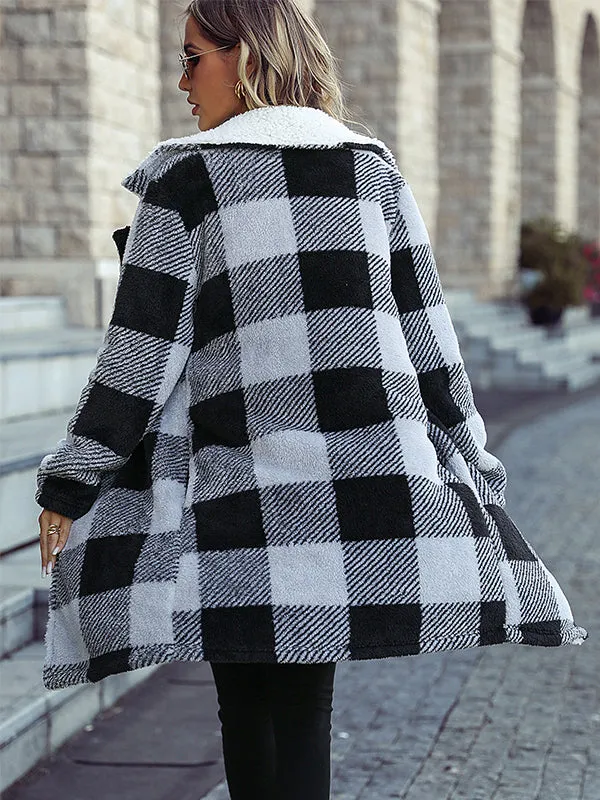 Long Sleeve Lapel Plaid Cardigan Double Face Casual Coat