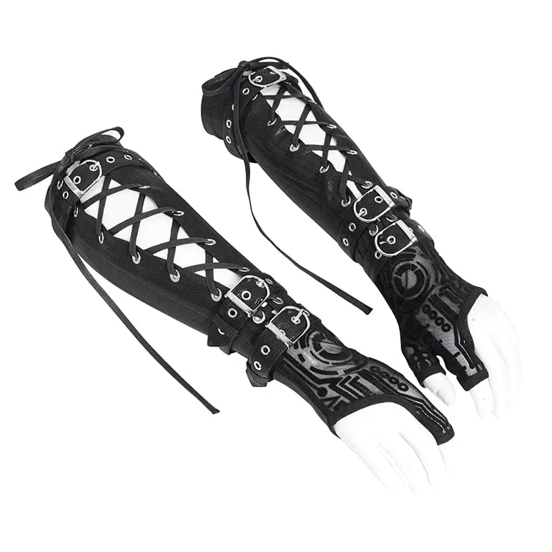 Men's Punk Mesh Splice Lace-up Gloves Fingerless Gloves