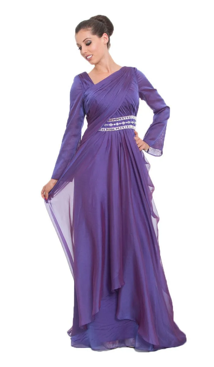 Michel Long Sleeve Silk Chiffon Modest Muslim Formal Evening Dress - Purple - FINAL SALE