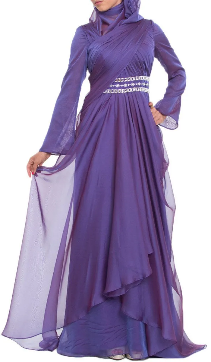 Michel Long Sleeve Silk Chiffon Modest Muslim Formal Evening Dress - Purple - FINAL SALE