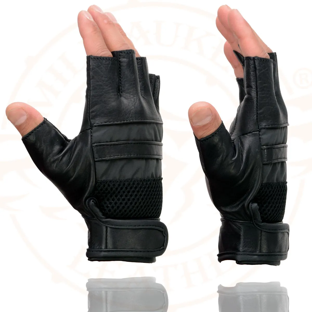 Milwaukee Leather MG7548 Men's Black Leather Mesh Gel Palm Fingerless Reflective Motorcycle Gloves