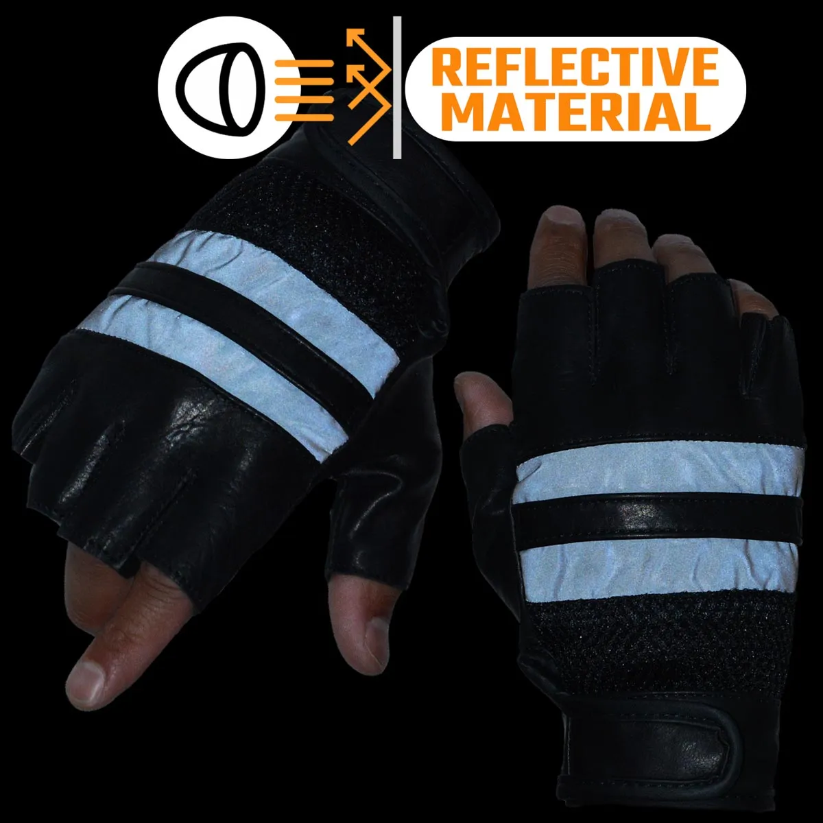 Milwaukee Leather MG7548 Men's Black Leather Mesh Gel Palm Fingerless Reflective Motorcycle Gloves