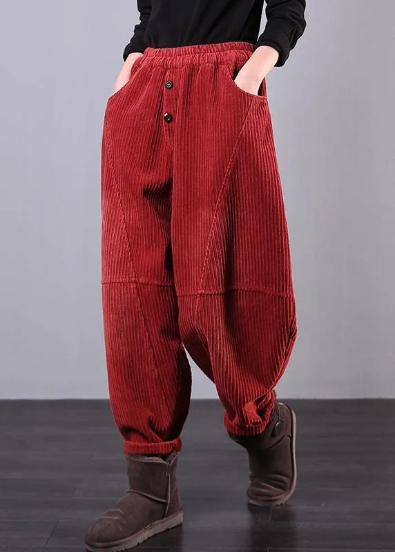 Modern Red Women Pants Oversize Fall Corduroy Pockets Cotton Casual Pants