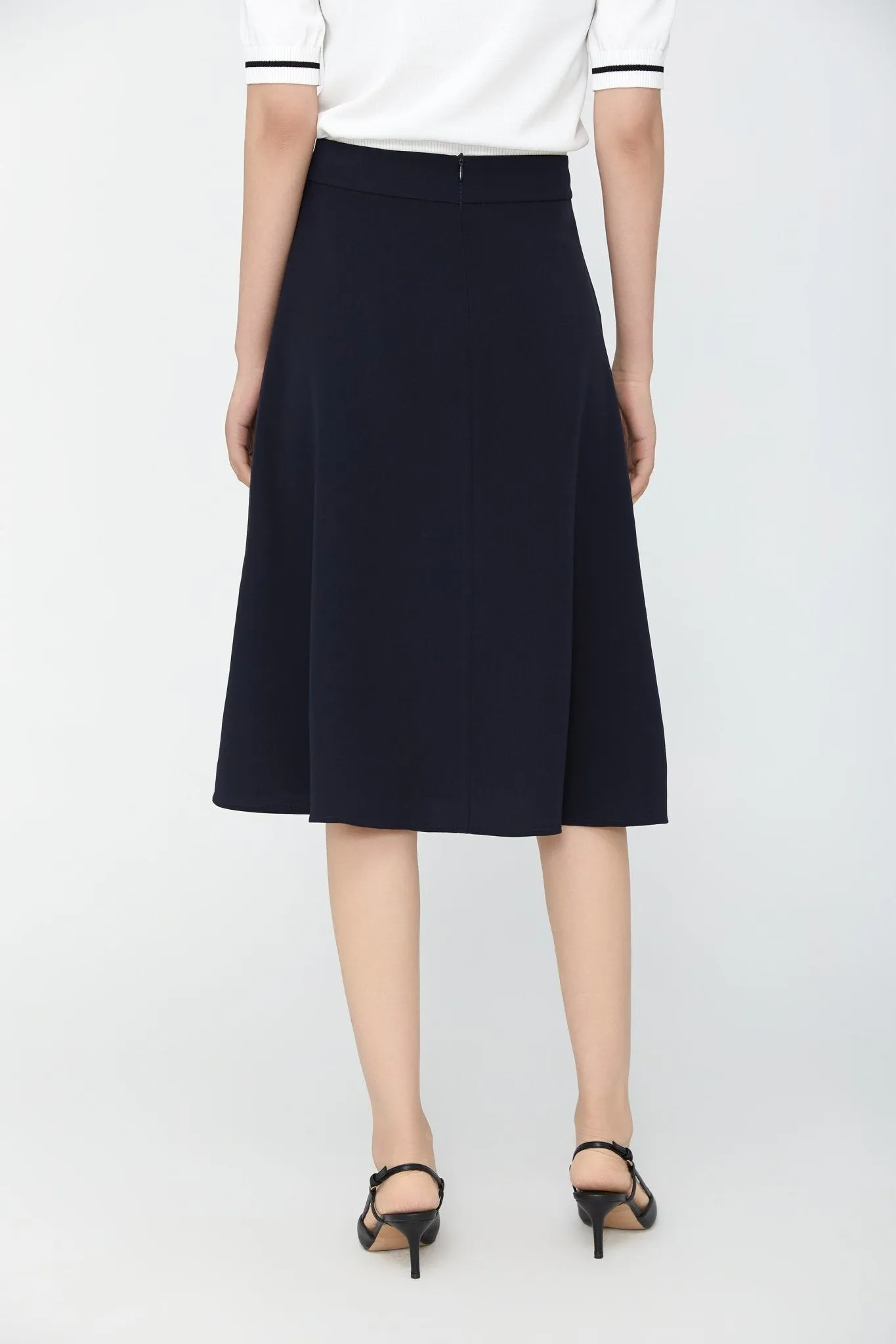 Navy Blue High Waist Flare A-Line Midi Skirt