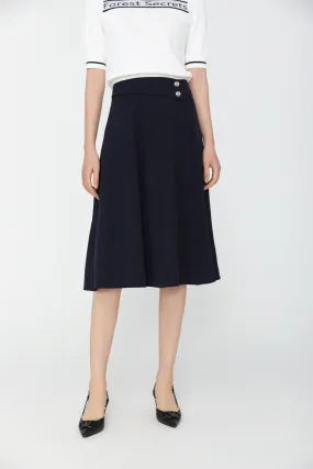 Navy Blue High Waist Flare A-Line Midi Skirt