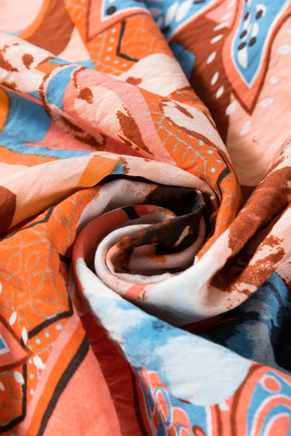 Orange Floral Print Shirred Cuff Buttoned Loose Fit Shirt