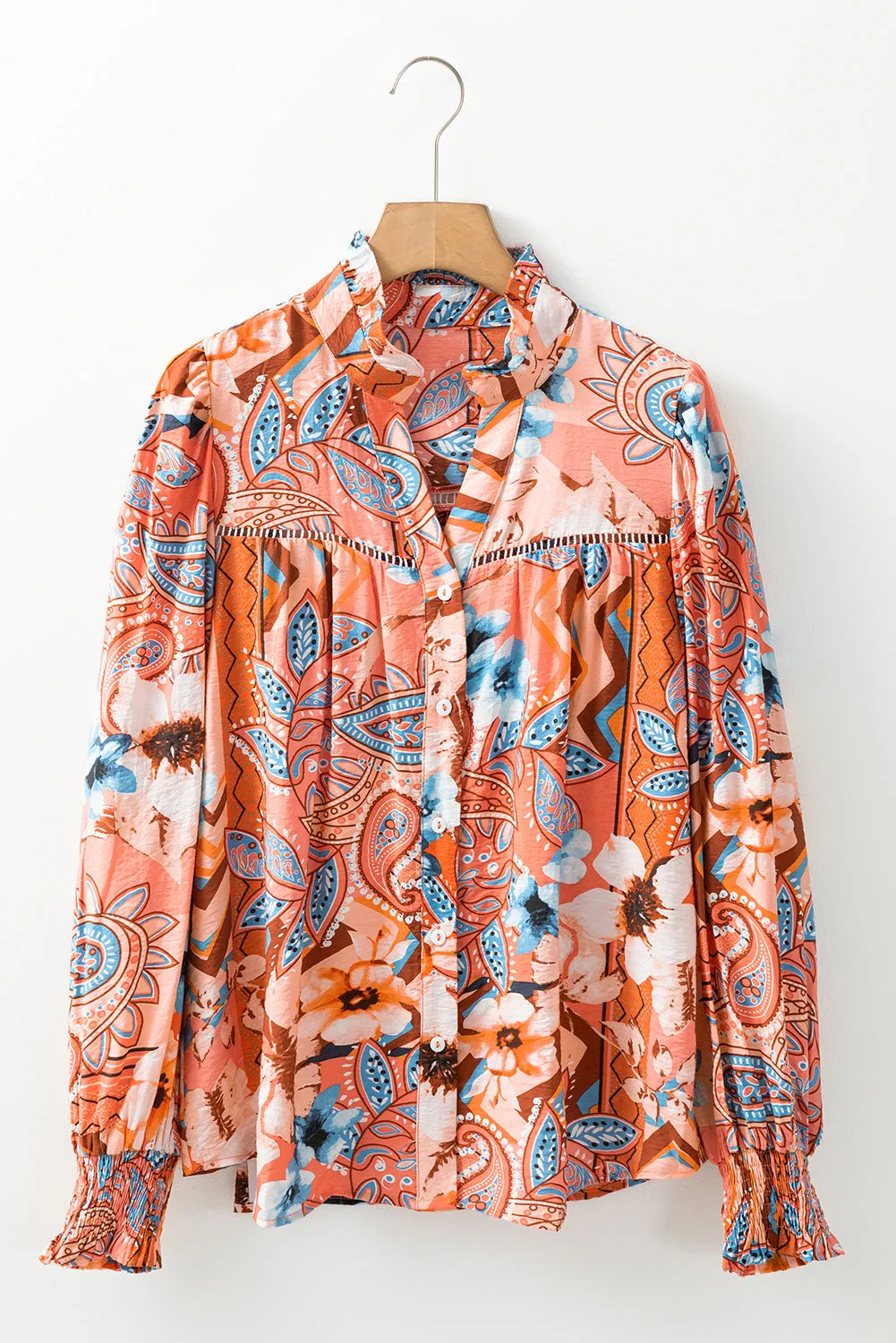 Orange Floral Print Shirred Cuff Buttoned Loose Fit Shirt