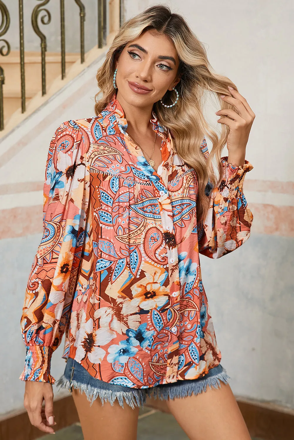 Orange Floral Print Shirred Cuff Buttoned Loose Fit Shirt