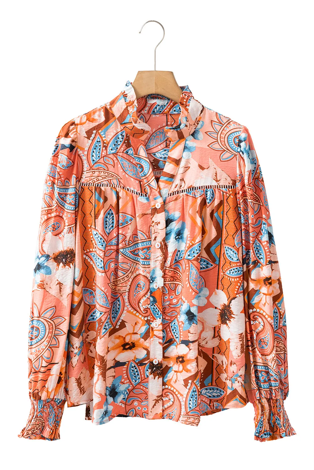 Orange Floral Print Shirred Cuff Buttoned Loose Fit Shirt