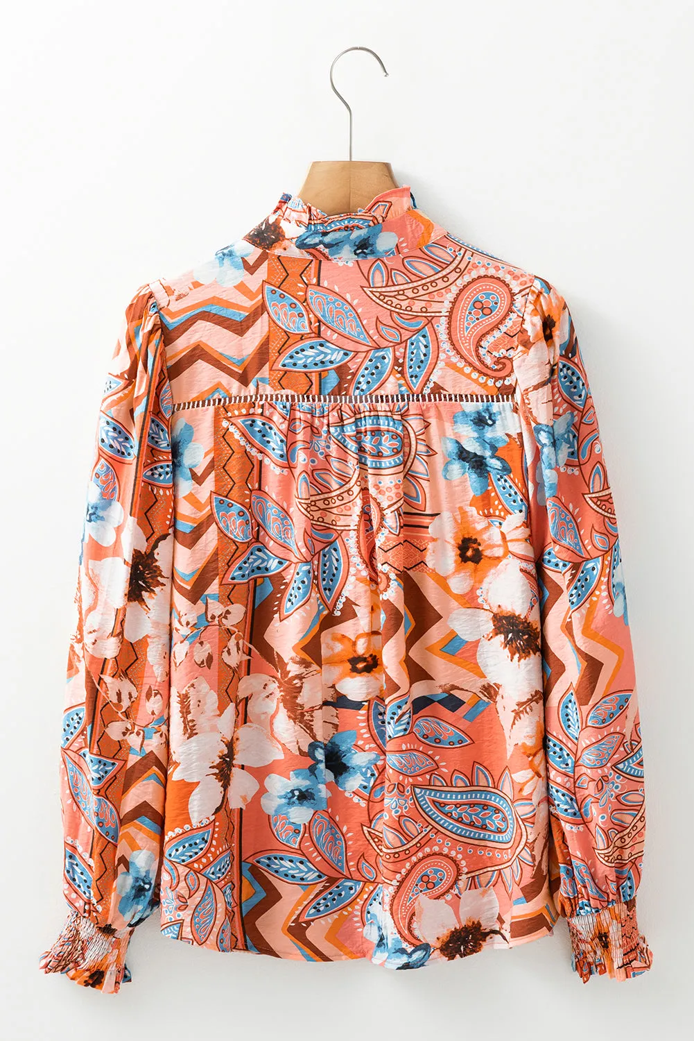 Orange Floral Print Shirred Cuff Buttoned Loose Fit Shirt