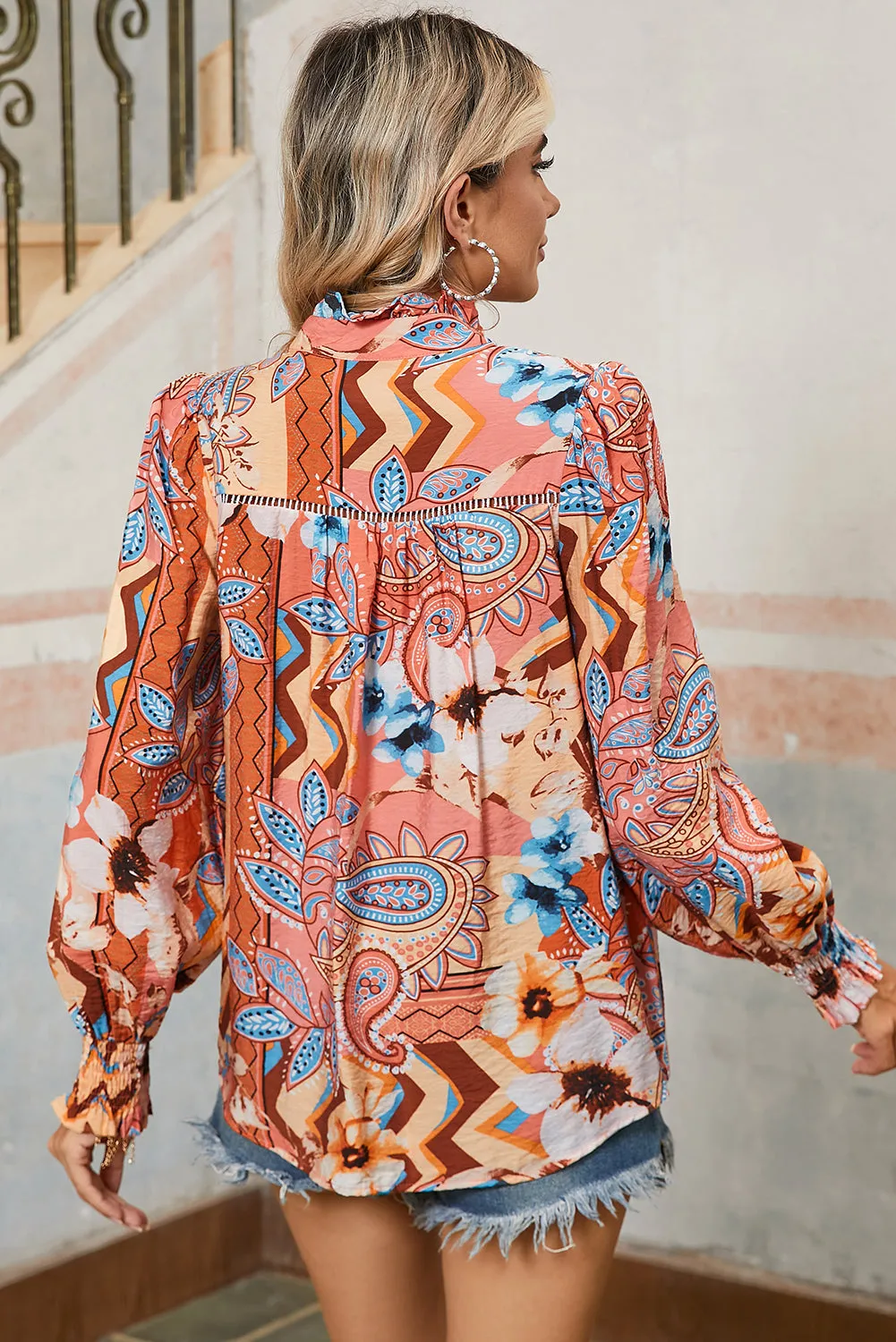 Orange Floral Print Shirred Cuff Buttoned Loose Fit Shirt