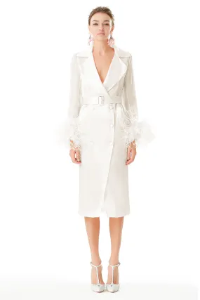 Ostrich Feathers Embellished Sleeves Silk Gazar Trench Coat in White