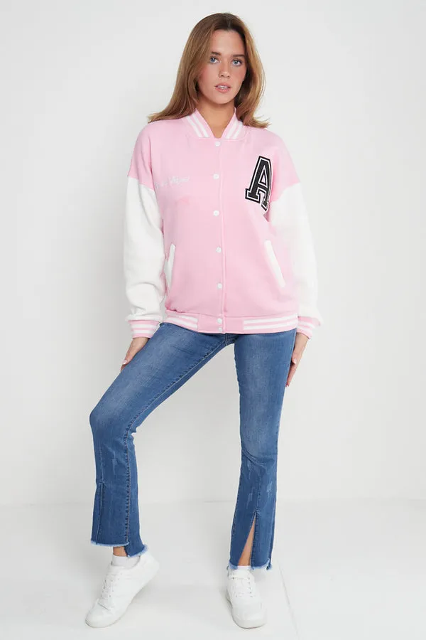 PINK CONTRAST SLEEVE LETTER A UNISEX VARSITY JACKET