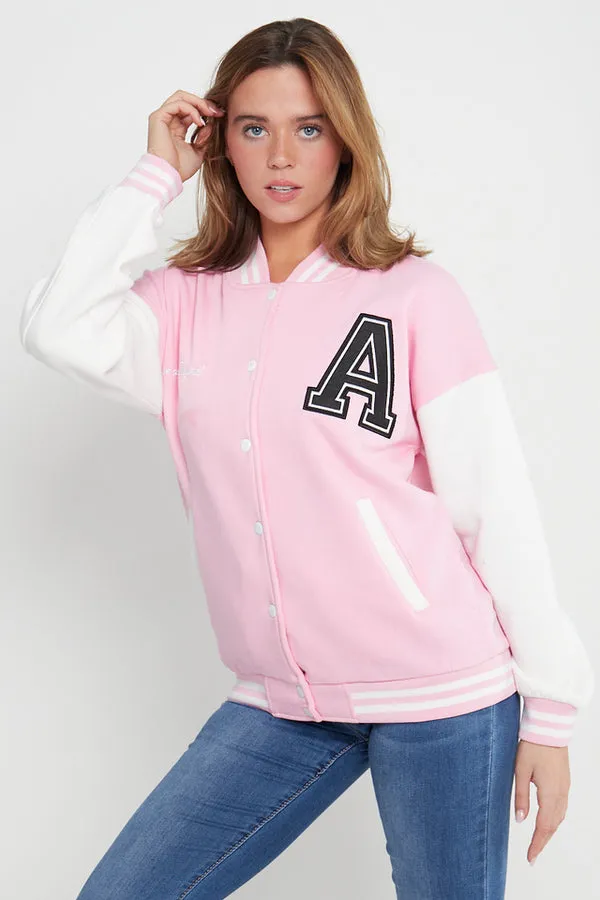 PINK CONTRAST SLEEVE LETTER A UNISEX VARSITY JACKET