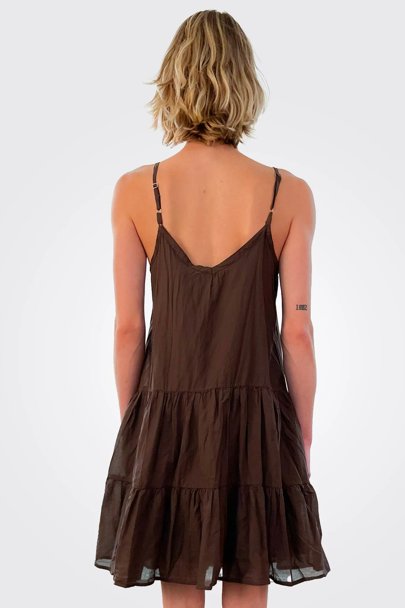 Pleated Tiered Cotton Slip Dress - Chocolate