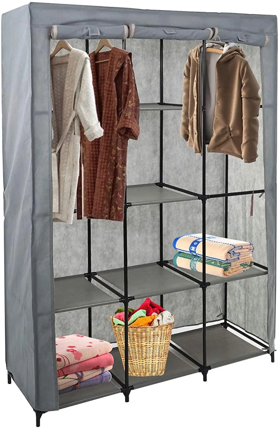 Portable Wardrobe Closets Organizer Cloth Closet Shelves L-Shape Non-Woven Fabric Cover Space-Saving Clothes Organizer Perfect for Bedroom Corner, Red