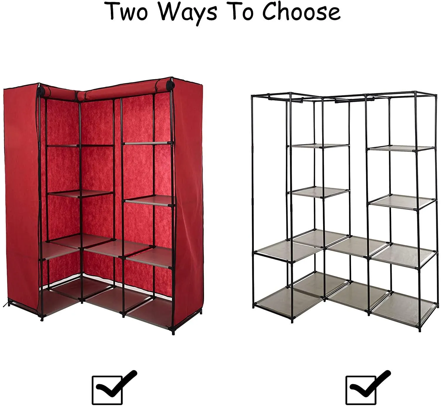 Portable Wardrobe Closets Organizer Cloth Closet Shelves L-Shape Non-Woven Fabric Cover Space-Saving Clothes Organizer Perfect for Bedroom Corner, Red