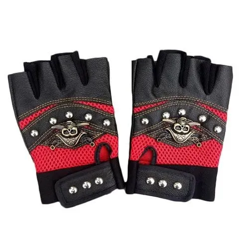 PU Leather Skull Punk Black Driving Motorcycle Bike Rider Fingerless Gloves Unisex