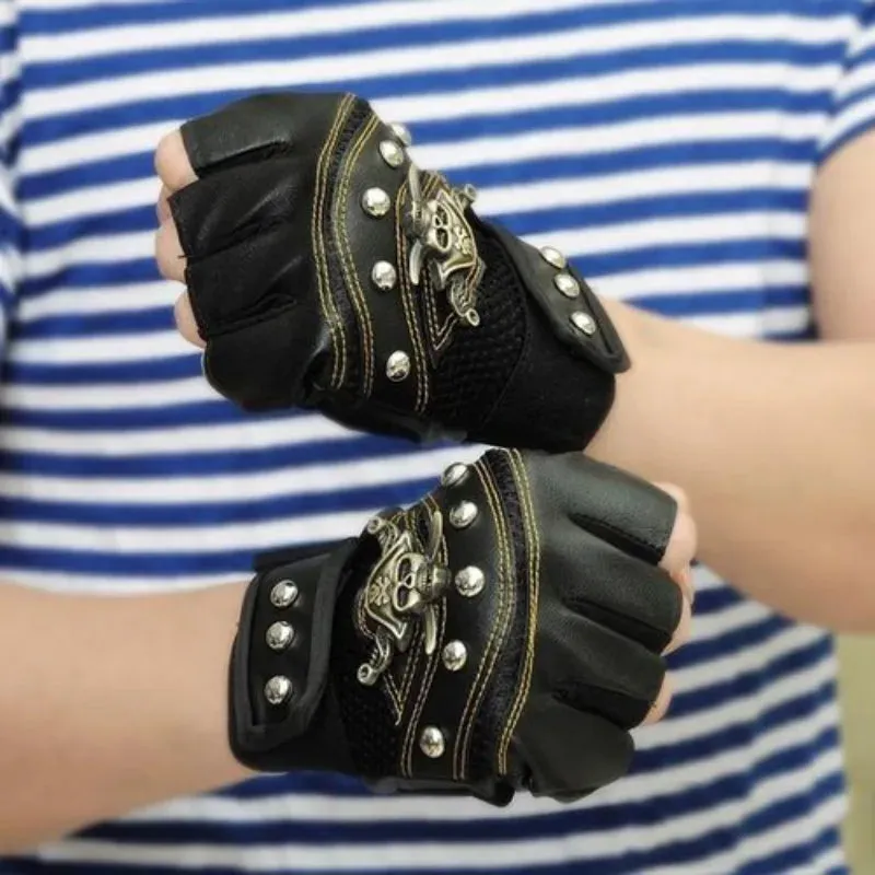 PU Leather Skull Punk Black Driving Motorcycle Bike Rider Fingerless Gloves Unisex