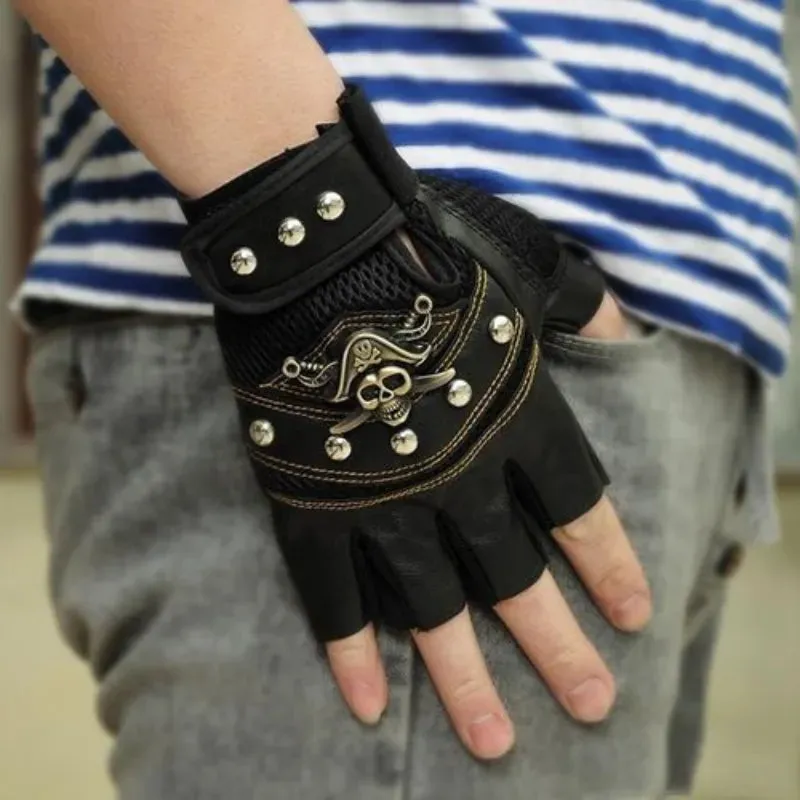 PU Leather Skull Punk Black Driving Motorcycle Bike Rider Fingerless Gloves Unisex