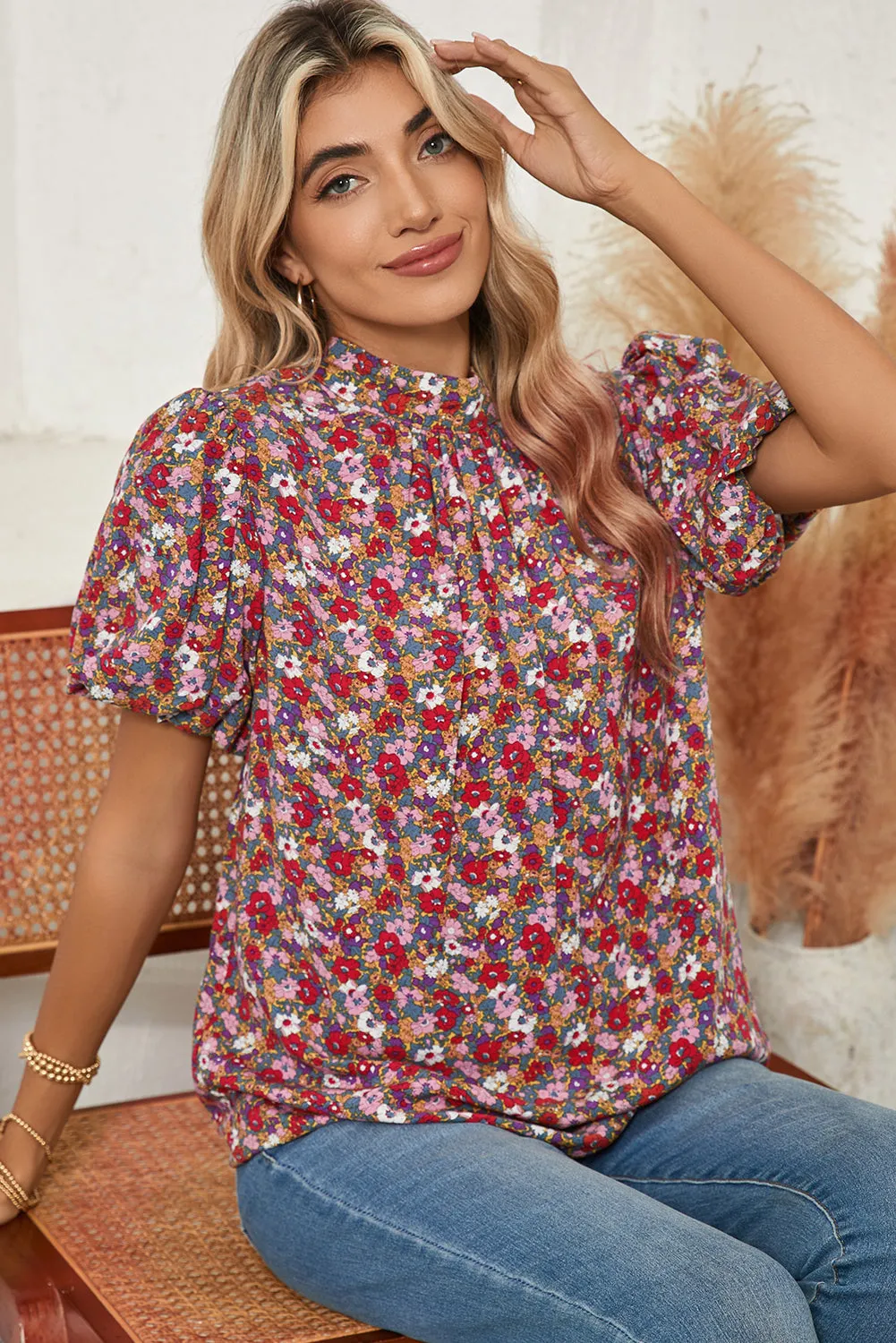 Purple Boho Floral Print Mock Neck Puff Sleeve Blouse